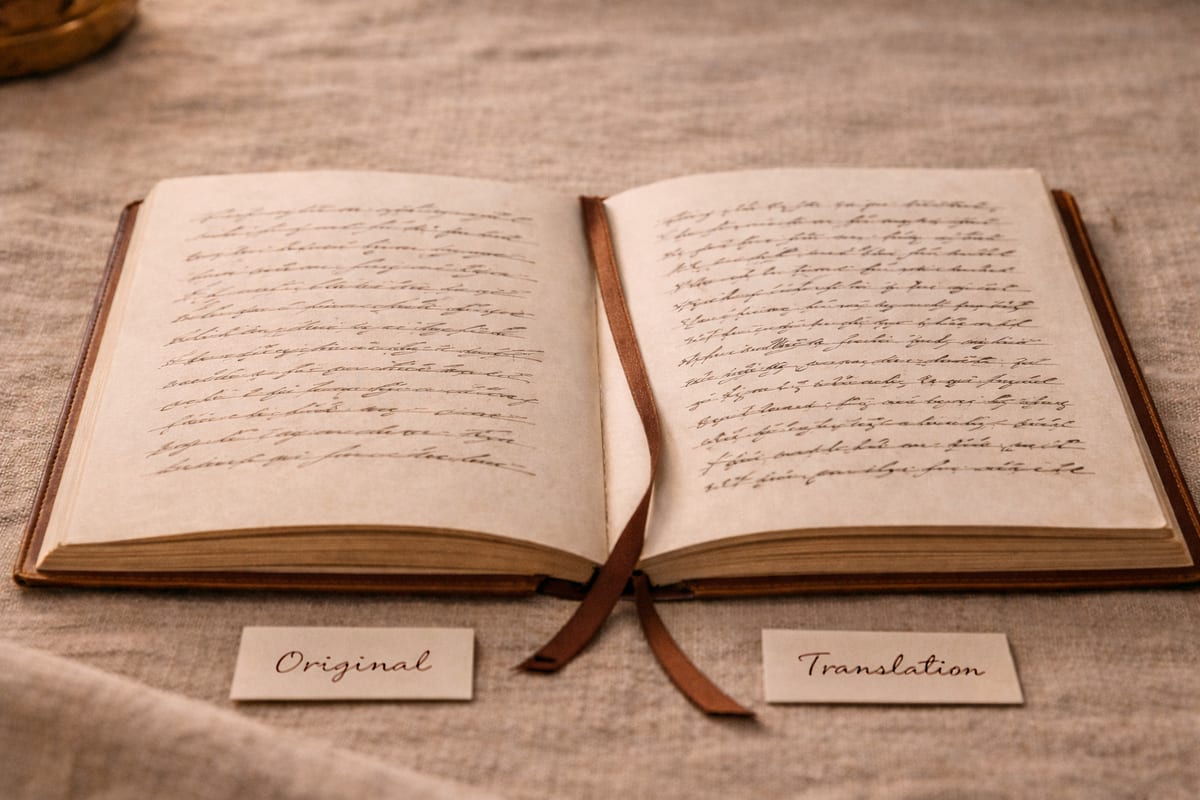 Two journals side by side on a warm desk, one original and one translated, with a fountain pen between them