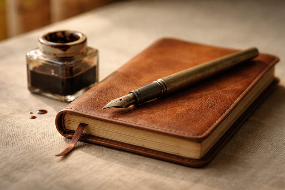 A fountain pen, annotated pages, and reading glasses laid out on a quiet desk during a close editorial review